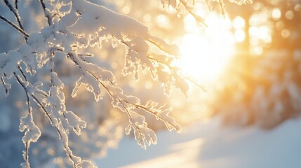 Poster - Sunlight filters through snow covered tree branches in the peaceful early morning. The enchanting scene of sunlit branches creates a serene winter atmosphere filled with natural beauty.