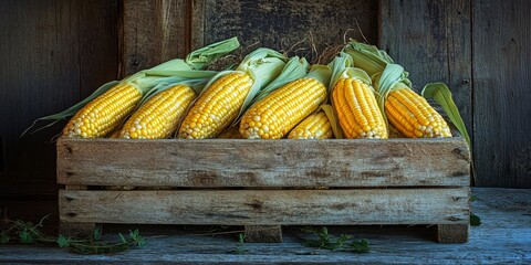 Aufkleber - Fresh corn displayed on a rustic wooden crate, showcasing the vibrant and natural appeal of fresh corn, perfect for representing the essence of harvest and farm fresh produce.