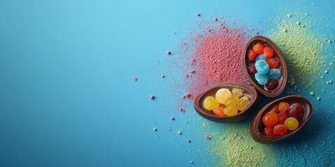 Poster - Halves of chocolate eggs adorned with colorful jelly and sweet powder create a circular pattern with an off center focus against a blue backdrop. This close up image offers space for text.