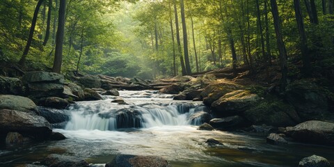 Poster - A river cascades over stones within a wooded area, creating a beautiful display of water flowing down the rocky surface amidst the serene forest surroundings.