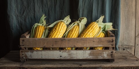 Aufkleber - Fresh corn displayed on a rustic wooden crate, showcasing the vibrant and natural appeal of fresh corn, perfect for representing the essence of harvest and farm fresh produce.