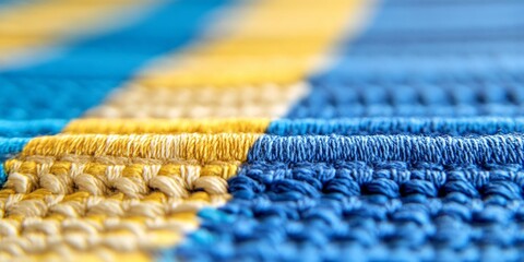 Poster - Close up image showcasing handmade material featuring a vibrant design with blue and yellow stripes, highlighting the texture and unique craftsmanship of the handmade material.