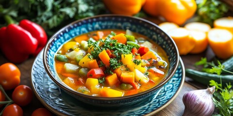 Aufkleber - A vibrant plate of vegetable soup displayed on a table, showcasing a colorful array of fresh vegetables in a delicious bowl of vegetable soup, perfect for a healthy meal.