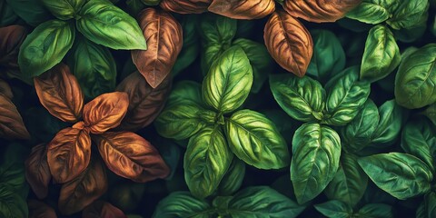 Poster - Vibrant green and brown holy basil showcased in a close up, highlighting the rich colors and textures of this aromatic herb. Holy basil leaves bring a fresh essence to various dishes.