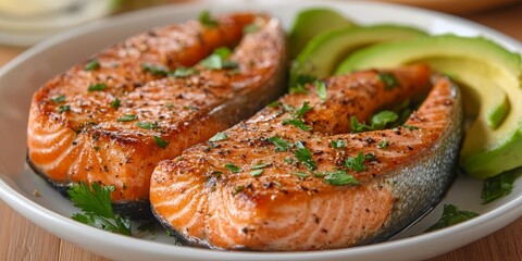 Poster - Salmon steaks, seasoned to perfection, paired with a sliced avocado salad. The overhead view showcases this meal as a healthy option within a keto diet concept.