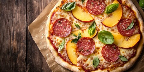 Poster - Delicious peach and salami pizza topped with cheese, beautifully presented on a rustic wooden background, offering a unique combination of flavors in this enticing peach and salami pizza dish.