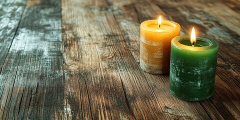 Poster - A rustic wooden table features a green and gold candle, offering plenty of open space for additional text or design elements.