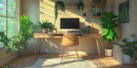 Wall Mural - A bright and airy home office that features a modern desk, a computer, and vibrant plants all around, creating an inviting, inspiring, and comfortable workspace for productivity and creativity