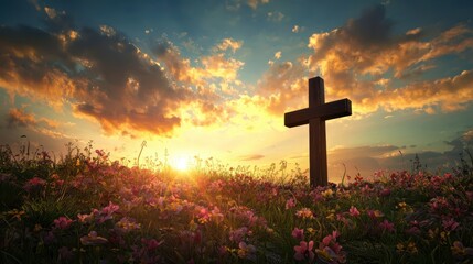 Wall Mural - Wooden cross at sunrise on a grassy hill with easter theme