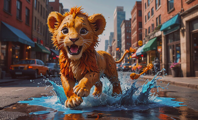 Poster - Cartoon lion is running through a puddle of water. The lion is wearing a yellow shirt