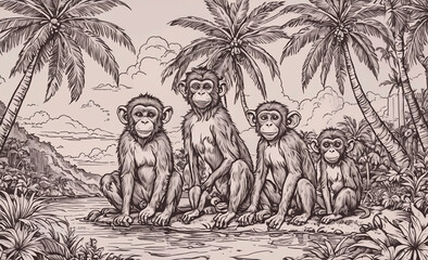 Poster - Three monkeys sitting on a rock near a river. One of the monkeys is holding a banana