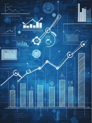 Wall Mural - A blueprint illustration combining business growth charts with technology symbols, showing upward movement and expansion illustration