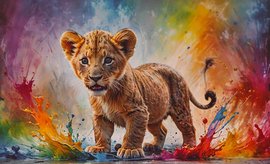 Poster - Baby lion standing in a splash of paint. The splash is in the background and the lion is in the foreground