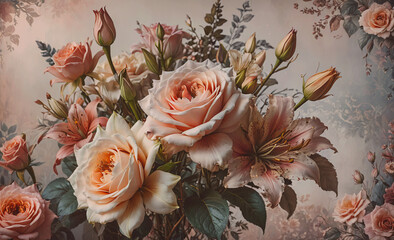Poster - bouquet of flowers with pink and white roses. the flowers are arranged in a vase