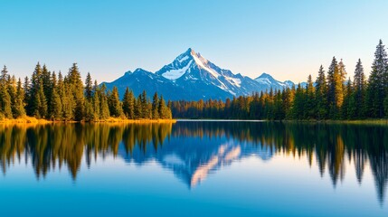 Sticker - Majestic snow-capped mountain reflected in a calm lake, surrounded by lush evergreen forest.