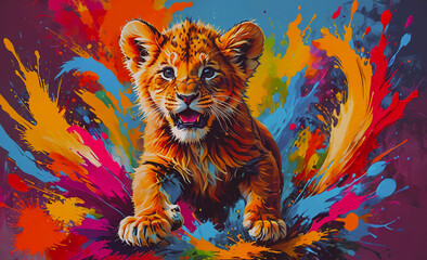 Poster - Baby tiger is standing in a splash of paint. The tiger is orange and white