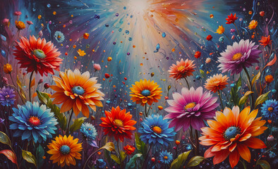 Poster - Painting of a field of flowers with a bright sun in the background. The flowers are of various colors and sizes, and there are many of them in the painting