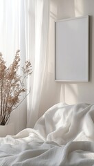 Wall Mural - Minimalist Bedroom With Blank Frame, White Bedding, Dried Floral Arrangement, And Sunlight