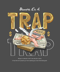 Trap golden slogan with angel got trapped in money graphic vector illustration