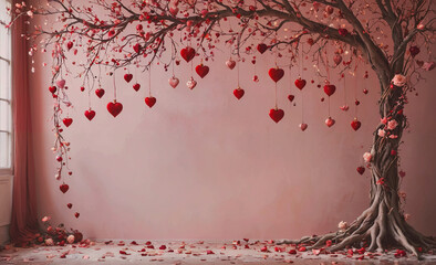 Poster - Tree with red hearts hanging from it. The tree is in front of a pink wall
