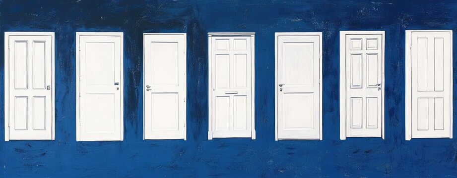 A series of white doors in various positions on a blue background, symbolizing multiple choice options or possibilities.
