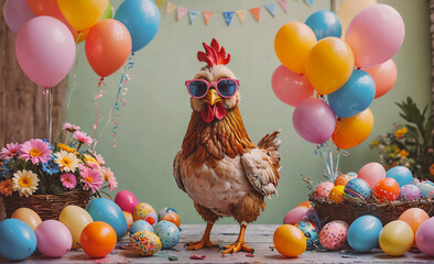 Aufkleber - Chicken wearing sunglasses stands in front of a table full of colorful eggs. There are also balloons and flowers in the background