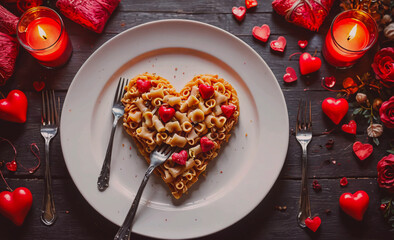Poster - Plate of food with a heart shape on it. The plate is on a table with a candle in the background