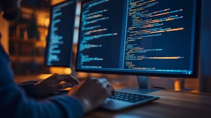 Fototapete - Modern flat illustration of a programmer typing on a laptop at a desk with coding icons and development graphics, showcasing a cartoon-style developer engaged in software programming and technology de
