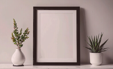 Poster - Black framed picture sits on a shelf next to two white vases. The picture is empty