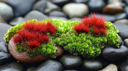 Wall Mural - Vibrant Red and Green Moss on Smooth Stones