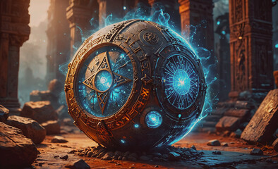 Poster - large, glowing sphere with a star on it. the sphere is surrounded by rocks. the sphere is in the cen