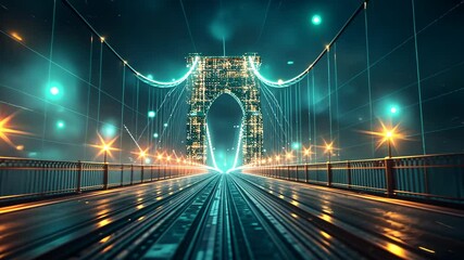 Poster - Lighted bridge at night with vibrant colors and digital effects in a futuristic cityscape