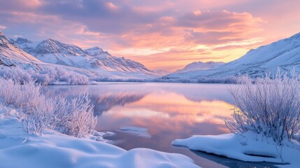 Wall Mural - Winter Wonderland: Serene Sunrise over Snowy Mountains and Frozen Lake