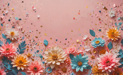 Poster - pink background with a flowery border. the flowers are in various colors and sizes. there are also s