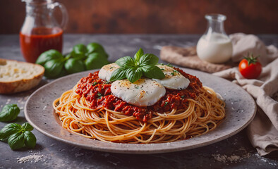 Poster - Plate of spaghetti with cheese and basil on top. A jar of sauce is on the table