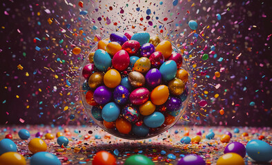 Aufkleber - Bowl of colorful eggs is scattered on a table. The eggs are of various colors, including blue, yellow, and purple