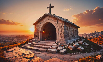Aufkleber - Small building with a cross on top of it. The building is on a hill. The sun is setting