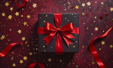 Poster - Black box with a red bow on top of a red background. The box is surrounded by red ribbon and stars
