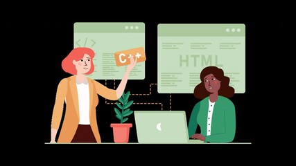 Poster - Two diverse women engaged in technology, one presenting C, the other at a laptop with HTML on display.