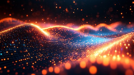 Poster - Abstract digital landscape with glowing orange and blue particles simulating data waves flowing in a technological space