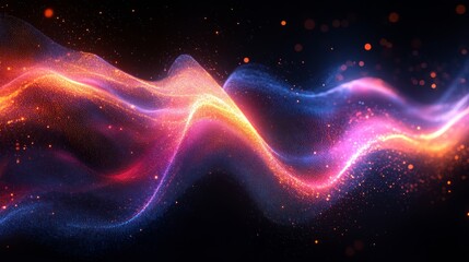 Poster - Abstract glowing particle wave of vibrant red, orange, pink and blue hues on a dark background