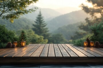 modern wooden terrace deck with blurred christmas mountain landscape background and natural sky view perfect for product display or presentation