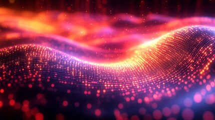 Poster - Abstract Data Stream Flowing With Luminous Points In Digital Space Creating a Dynamic Wave Pattern