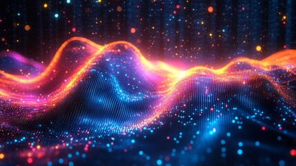 Poster - Vibrant data stream of light particles forming a luminous wave with a galaxy of stars in the background