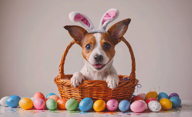 Poster - Dog wearing bunny ears is in a basket full of Easter eggs. The basket is on a table
