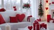 © Harry - Romantic Valentine's Day Interior: Cozy White Sofa with Red Heart Pillows, Gifts, and Festive Decorations in a Bright and Airy Living Room, creating a