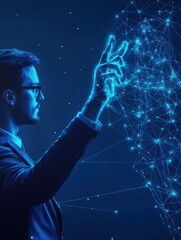 Poster - businessman pointing at polygonal hand on blue background. digital transformation and ai concept