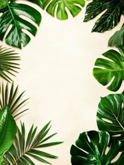 Tropical Leaves Frame Beige Background - Lush green tropical leaves arranged in a frame on a beige background.  Symbolizes summer, nature, relaxation, freshness, and paradise.