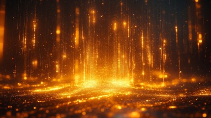 Poster - Golden Glowing Particle Stream Abstract Background with a magical feel, shimmering light falling down like a waterfall into an illuminated surface