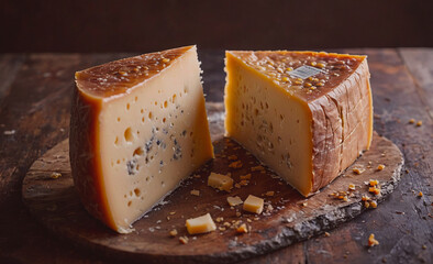 Aufkleber - Wedge of cheese is cut in half and sits on a wooden cutting board. The cheese is yellow and has a blue spot on it